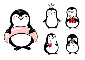Doodle penguins, hand drawn set of funny animals. Vector Penguin character in sketch style.