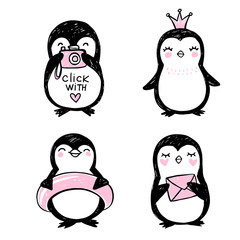 Doodle penguins, hand drawn set of funny animals. Vector Penguin character in sketch style.