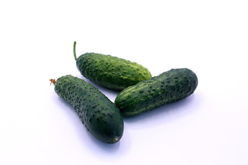 Photo of young cucumbers on a white background, close-up