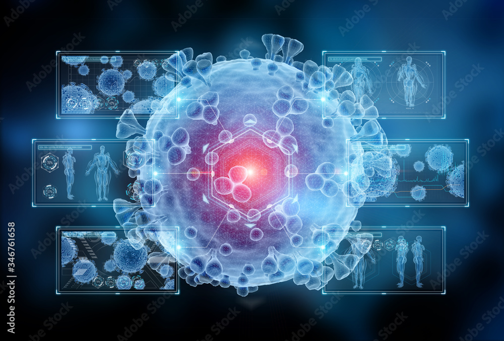 Poster wireframe hologram microscopic close-up of the covid-19 disease. coronavirus illness spreading in bo
