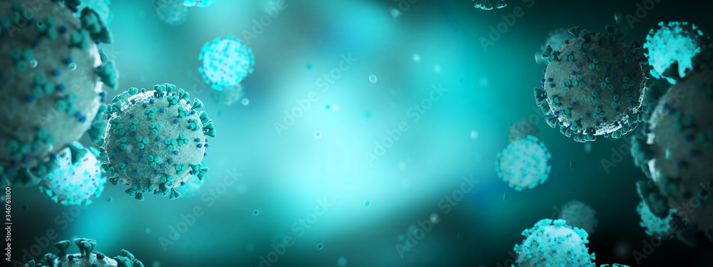 Poster microscopic close-up of the covid-19 disease. coronavirus illness spreading in body cell. 2019-ncov 