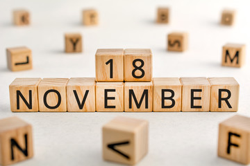 November 18 - from wooden blocks with letters, important date concept, white background random letters around