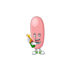 Mascot cartoon design of legionella pneunophilla making toast with a bottle of beer