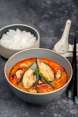 Tom yum soup with seafood rice in the decor