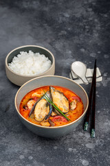 Tom yum soup with seafood rice in the decor