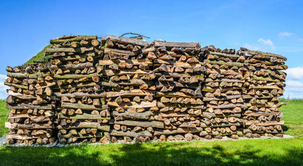 Large pile of drying fire wood on a meadow