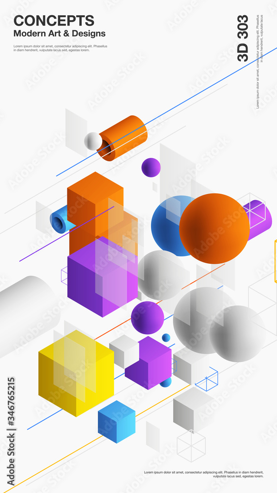 Leinwandbilder Vector abstract 3D visualization background, template modern composition of geometric shapes in isometric . Cube, sphere, cylinder, line.