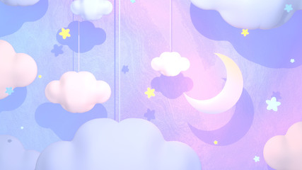 Beautiful good night and sleep tight paper art. Soft pastel pink, blue, and purple color moon, clouds, and stars. 3d rendering picture.  © tykcartoon