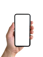 hand of a person holding a black smartphone with copy space. Isolated on white background with clipping path.