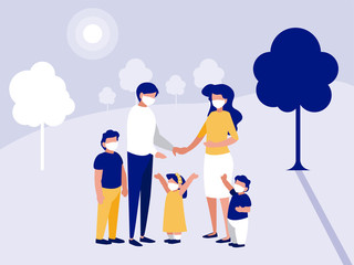 Fototapeta premium Family with masks at park with trees vector design