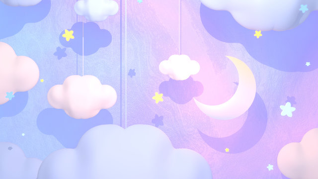 Beautiful good night and sleep tight paper art. Soft pastel pink, blue, and purple color moon, clouds, and stars. 3d rendering picture.	