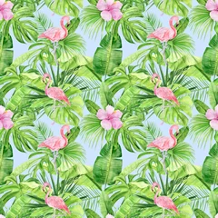 Gordijnen Watercolor illustration seamless pattern of tropical leaves and pink flamingo. Perfect as background texture, wrapping paper, textile or wallpaper design. Hand drawn © NataliaArkusha