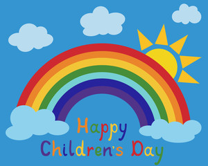 Happy Children's Day greeting card. Greeting card with rainbow, sun and clouds