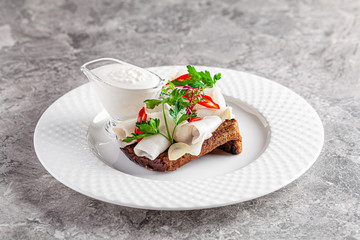 Ukrainian cuisine in the European style. Salted fat on black bread Snack for borscht soup. Beautiful serving dish in a restaurant on a white plate. background image copy space text