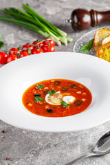 Ukrainian cuisine in European style. Solyanka soup with assorted sausages and meat. Beautiful serving dish in a restaurant in a white plate. background image, copy space text