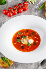 Ukrainian cuisine in European style. Solyanka soup with assorted sausages and meat. Beautiful serving dish in a restaurant in a white plate. background image, copy space text