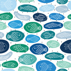 Seamless vector kids pattern fishes in blue and green bubbles. Marine children summer background on polka dots. Repeating ocean animal pattern. Line art doodle underwater design for fabric, kids wear