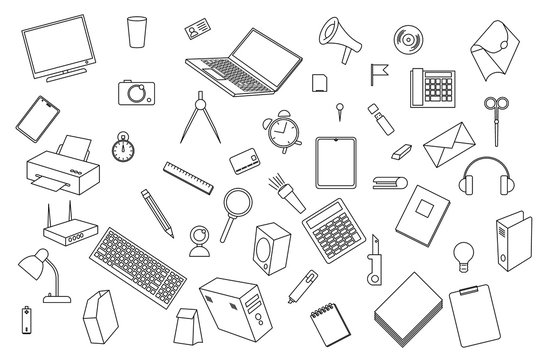 Stationery and computer equipment in a chaotic manner. Vector drawing in black and white colors. Detailing of each object. Black stroke. Wallpaper, background, texture for school, university, office. 