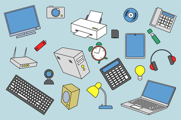 Office equipment is scattered randomly. Computer gadgets in cartoon bright style. Flat icons, symbols on a light gray, blue background. Image in blue, yellow, white, red, gray, black. Working mess.