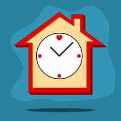 House shape wall clock on blue background.Concept of quality time and stay at home