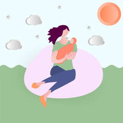 Woman carrying baby on her hands on a street. Simple vector illustration with landscape and sun in the sky. Cute colorful character in trendy cartoon flat style. Mother with newborn child boy or girl