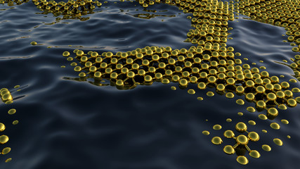 Ecological science abstract background with absorbent grid on the sea or ocean surface to clean the pollution. 3D illustration