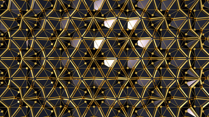 Abstract 3D background with fantasy luxury pattern structure of black triangular polygons, golden pucks, wires and lines