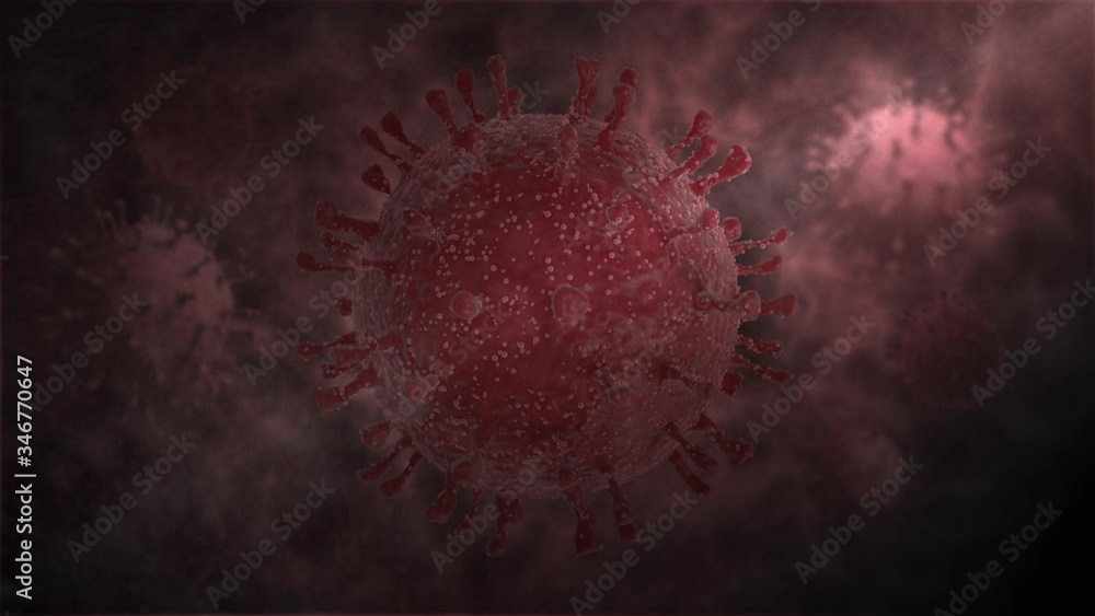 Poster 3d animation of many scary viruses covid-19, coronaviruses in the fog, dissolved in a gray backgroun