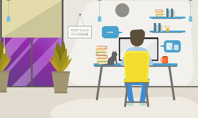 Vector design concept about Stay and work from home. Background and Banner Template about Freelancer working in the room with laptop computer on the table.