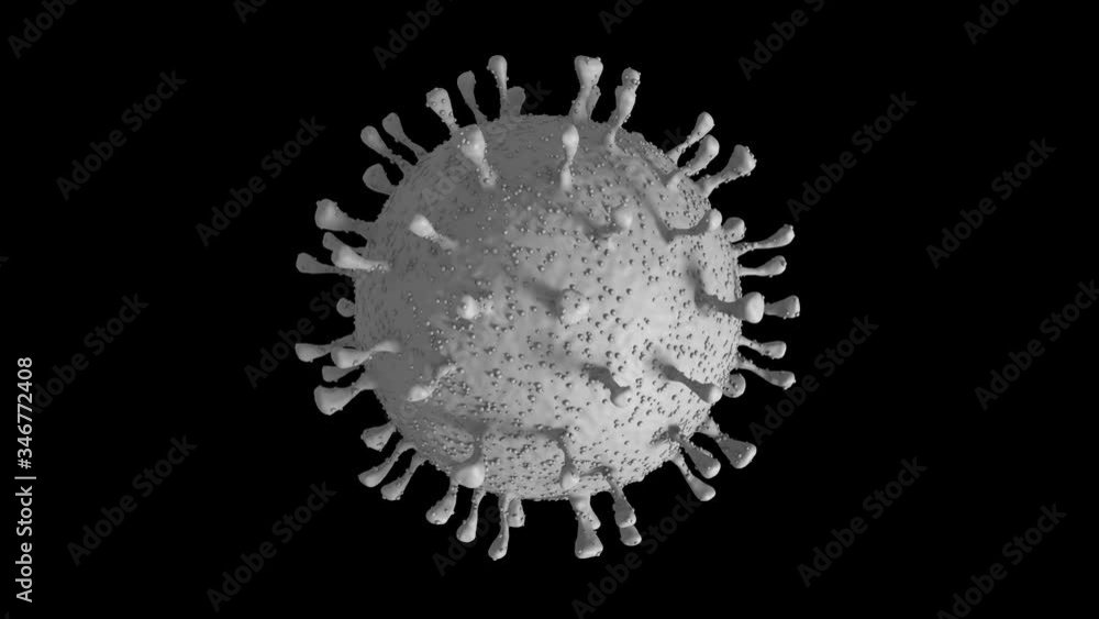 Poster 3d animation of rotation of a white coronavirus on a black background. 4k animation with an alpha ch