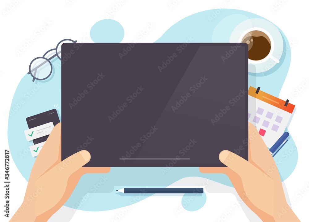 Poster digital tablet computer blank empty black screen for copy space text on working desk table or empty 