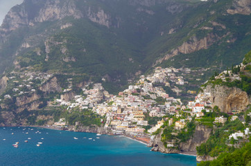 Breathtaking and beautiful view of Positano town at famous Amalfi Coast in Italy with picturesque...