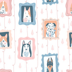 Seamless pattern with portraits of cute dogs with flowers. Flat cartoon colourful illustration. Perfect for kids apparel, textile, nursery, wrapping paper