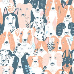 Seamless pattern with cute hand drawn dogs and flowers. Dogs different breeds. Husky, Dalmatian, bulldog, spaniel, doberman. Perfect for kids apparel, textile, nursery, wrapping paper