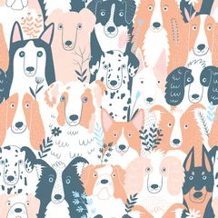 Wall murals Dogs Seamless pattern with cute hand drawn dogs and flowers. Dogs different breeds. Husky, Dalmatian, bulldog, spaniel, doberman. Perfect for kids apparel, textile, nursery, wrapping paper