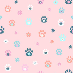 Seamless vector pattern with cute cat or dog paws and flowers. Animal footprint.