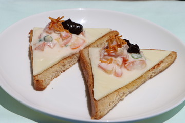 Bruschetta, Vegetable Cheese toast, open sandwich topped with creamy salad
