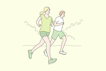Sport, jogging, workout concept. Young happy smiling couple man woman boyfriend athletes cartoon characters and girlfriend running at park together. Summer recreation and active lifestyle illustration