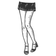 Female legs in a short skirt and sandals. Sketch scratch board imitation.