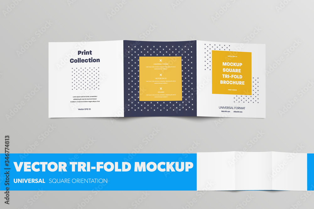 Leinwandbilder Mockup of open vector square tri-fold with presentation of abstract design, back view.