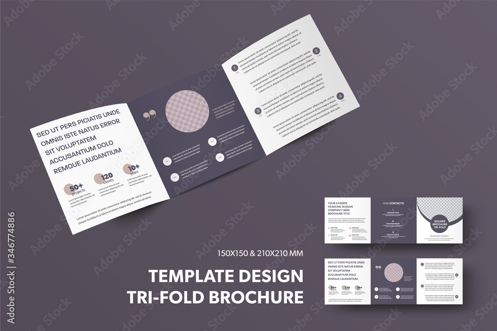 Aufkleber open square trifold template with circle for photo, with line, description, business booklet isolate