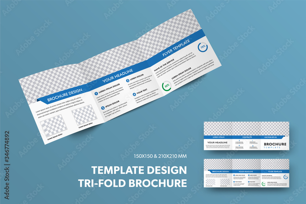 Aufkleber Presentation of the design of a square open booklet with a rectangular insert for a photo and a blue line, isolated on background. Standard trifold template with text, set with realistic shadows