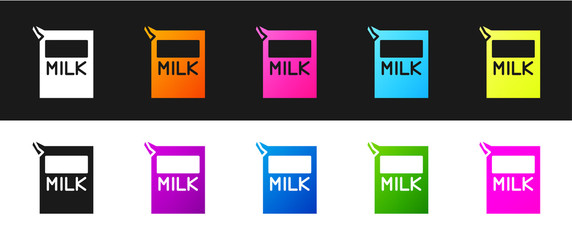 Set Paper package for milk icon isolated on black and white background. Milk packet sign. Vector Illustration