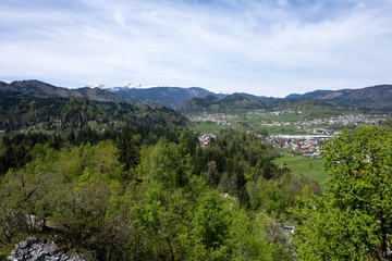 Fototapeta na wymiar Landscape of villages near Bled, Slovenia with Julian Alps and Triglav range in background