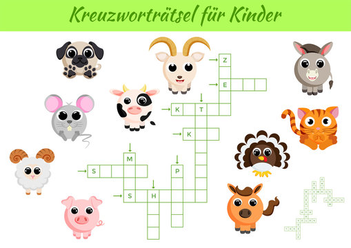 Kreuzworträtsel für Kinder - Crossword for kids. Crossword game with pictures. Kids activity worksheet colorful printable version. Educational game for study German words. Vector stock illustration.
