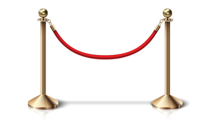  vector red velvet barrier rope with golden details. Isolated on white background.