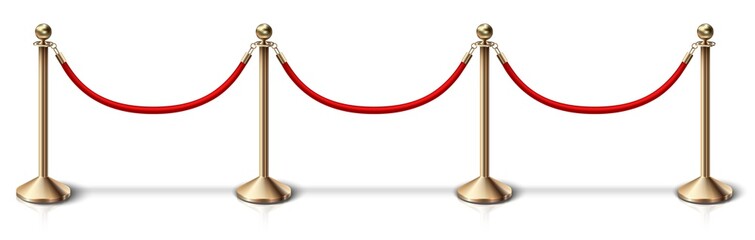  vector fence golden rope barrier with red velvet rope. Isolated on white background. © Real Vector