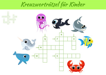 Kreuzworträtsel für Kinder - Crossword for kids. Crossword game with pictures. Kids activity worksheet colorful printable version. Educational game for study German words. Vector stock illustration.