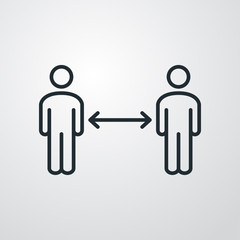 S&iacute;mbolo distancia de seguridad. Icono plano lineal hombres con flechas en fondo gris