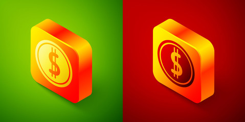 Isometric Coin money with dollar symbol icon isolated on green and red background. Banking currency sign. Cash symbol. Square button. Vector Illustration